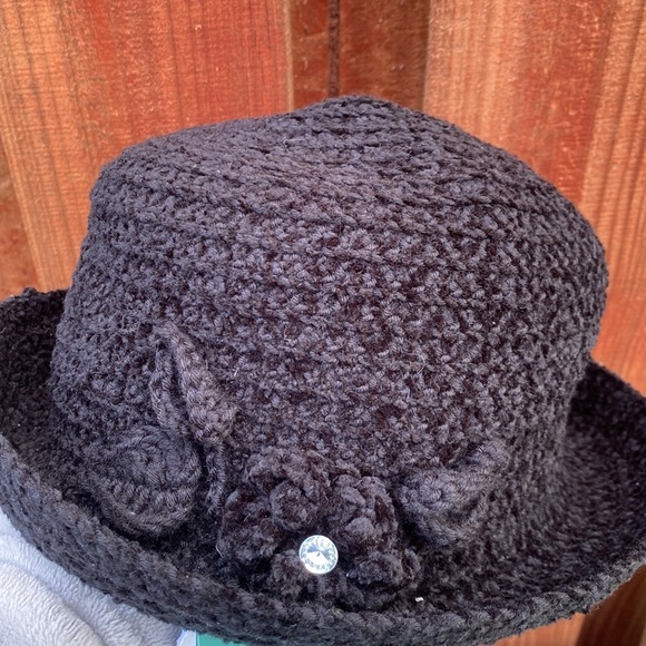 Black Crochet Cloche Hat with Floral Accent main image 6